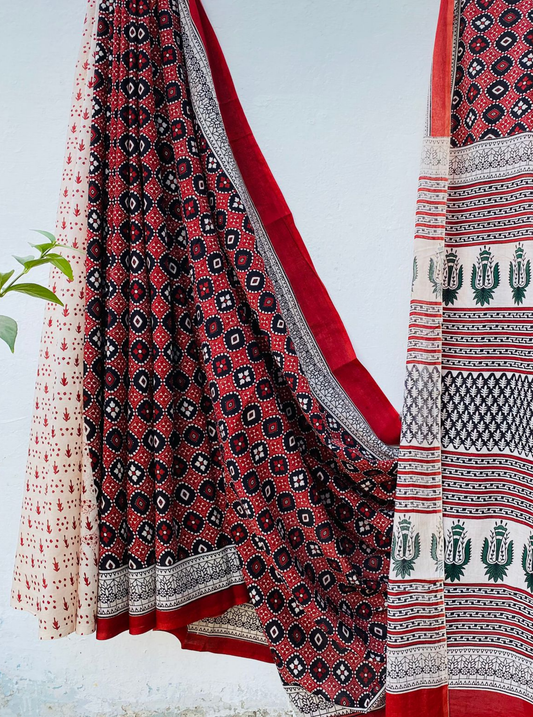 Ajrakh-Inspired Red & Black Bagru Handblock Printed Cotton Saree