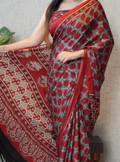 Elegant Red Modal Silk Saree with Traditional Ajrakh-Inspired Motifs