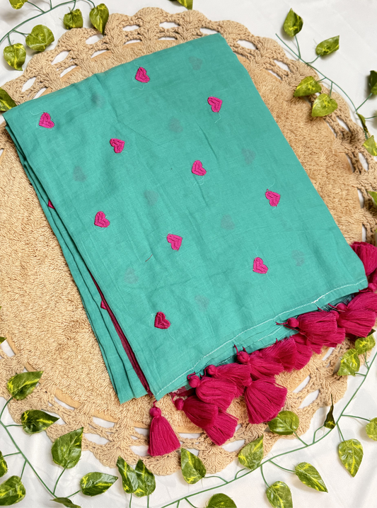 Teal Green Mul Cotton Saree with Pink Heart Motifs & Tassels