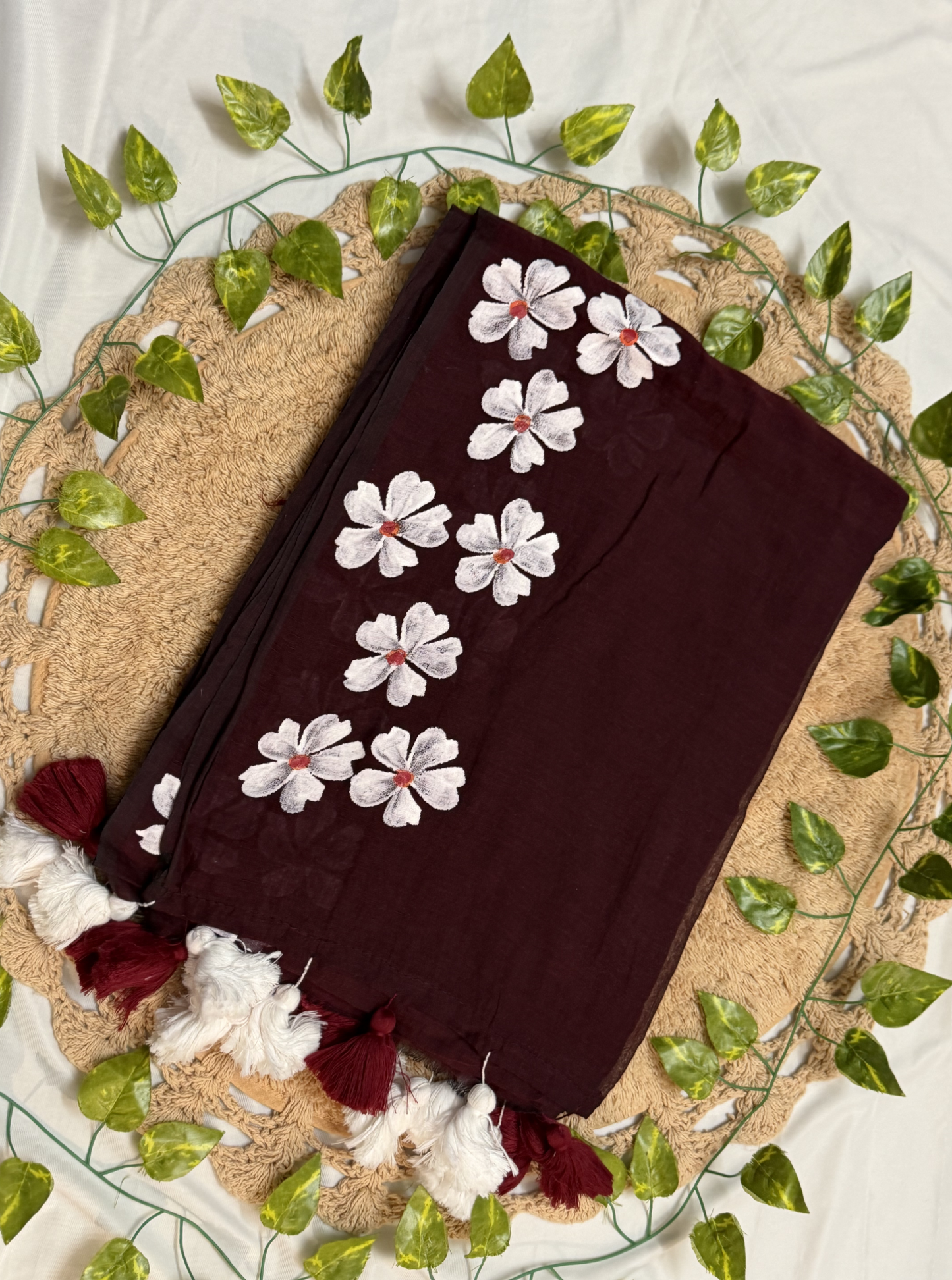 Wine Maroon Mul Cotton Saree with Hand-Painted White Floral Design & Contrast Tassels