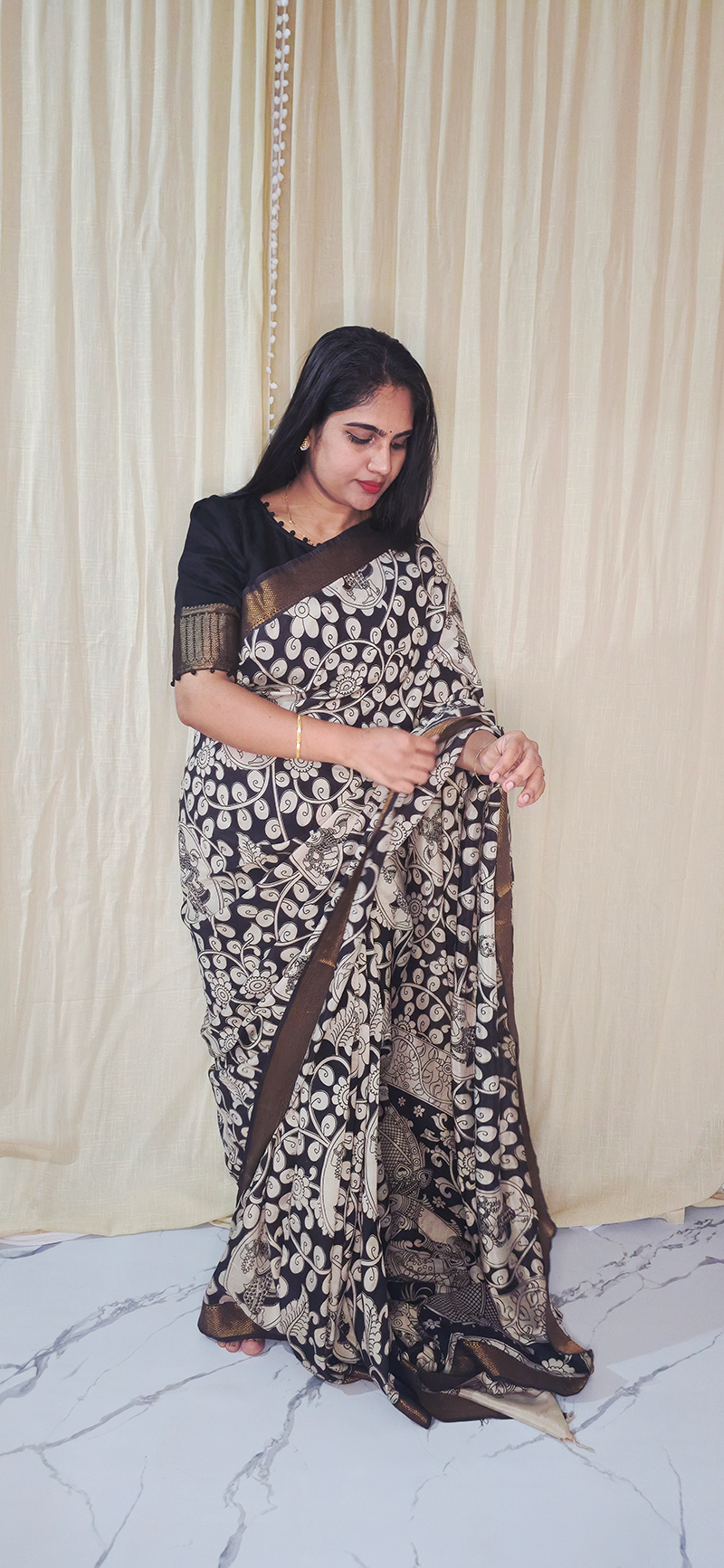 Chic Black and White Kalamkari Mangalagiri Silk Saree with Nizam Border and Hand Block Design