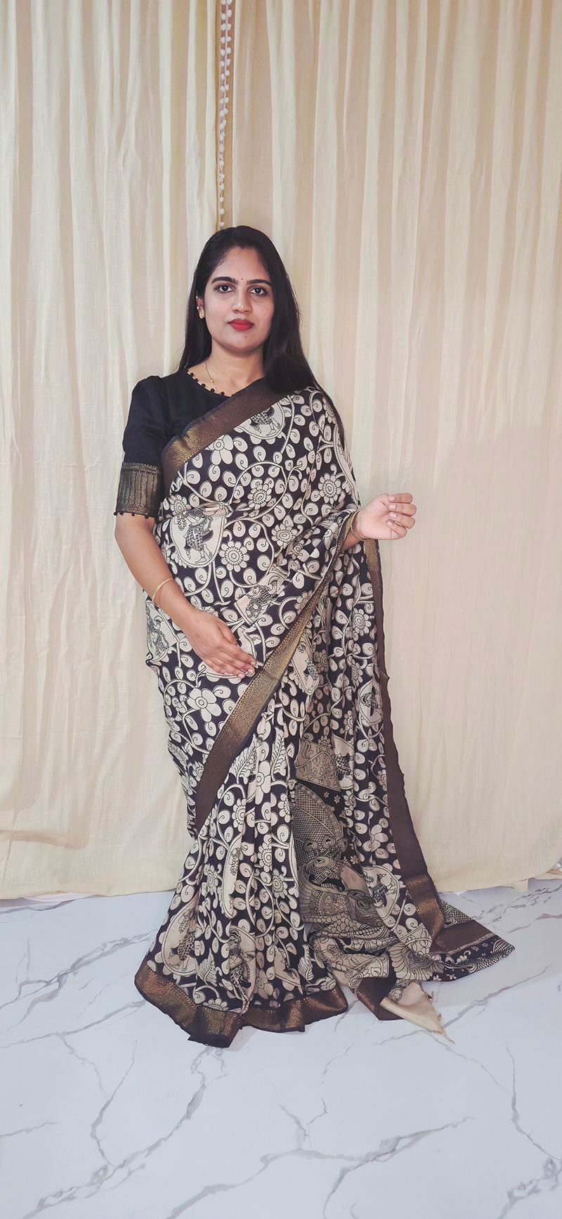Chic Black and White Kalamkari Mangalagiri Silk Saree with Nizam Border and Hand Block Design