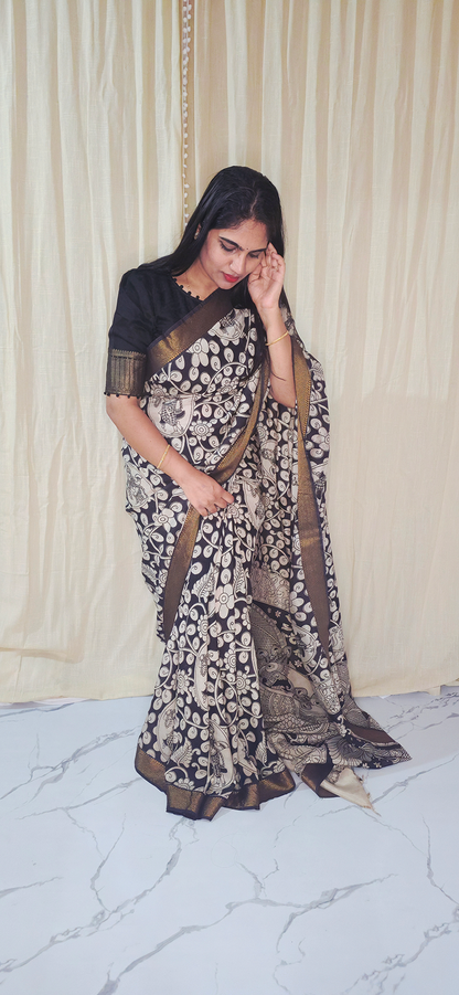 Chic Black and White Kalamkari Mangalagiri Silk Saree with Nizam Border and Hand Block Design