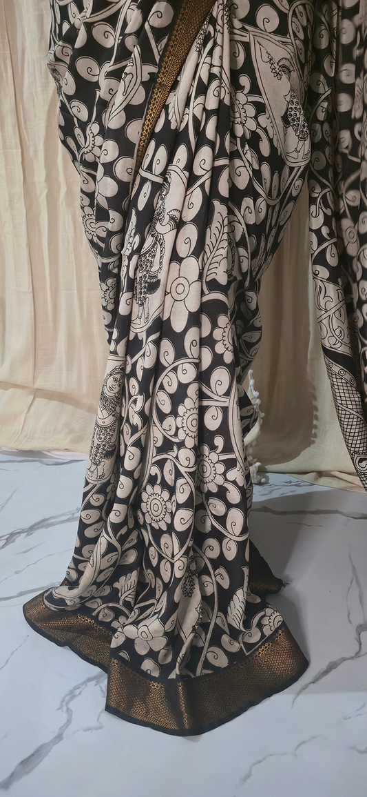 Chic Black and White Kalamkari Mangalagiri Silk Saree with Nizam Border and Hand Block Design
