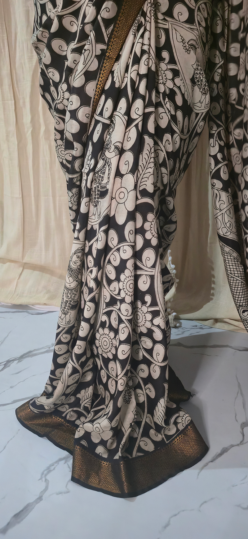 Chic Black and White Kalamkari Mangalagiri Silk Saree with Nizam Border and Hand Block Design