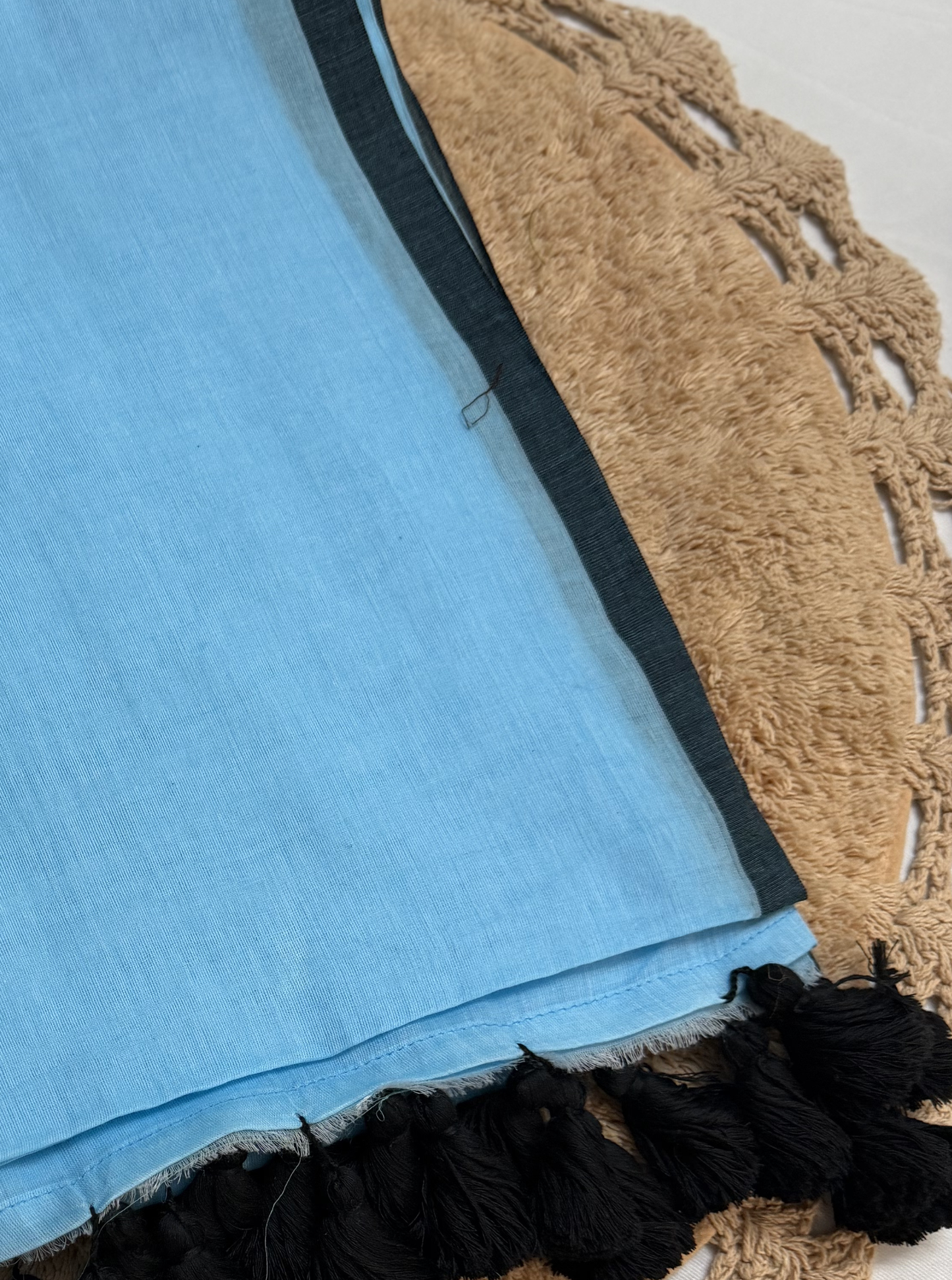 Sky Blue Mul Cotton Saree with Black Border & Tassels
