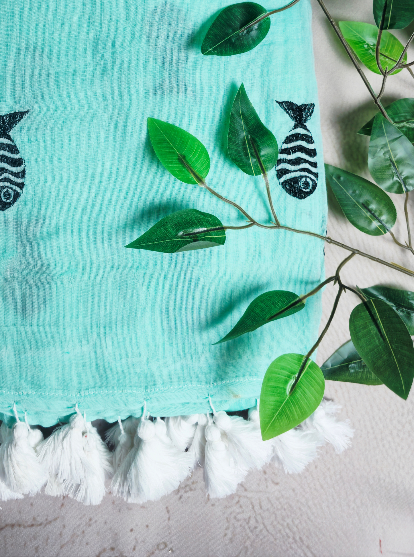 Elegant Aqua Mul Cotton Saree with Fish Motifs & Tassel Pallu
