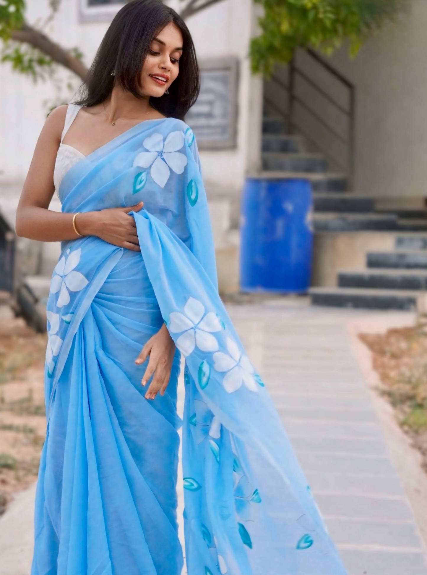 Sky Blue Mul Cotton Saree with Minimal Floral Accents