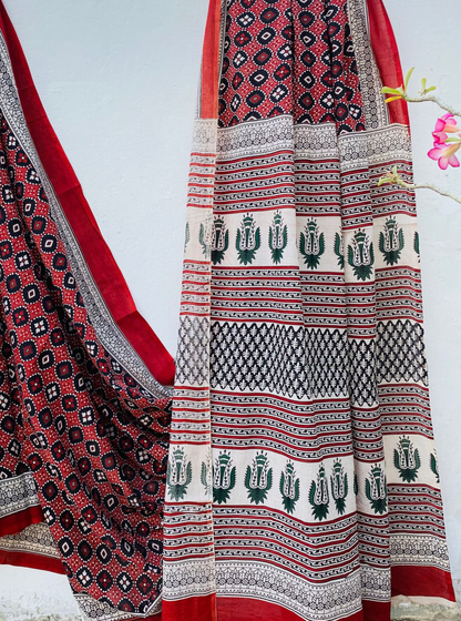 Ajrakh-Inspired Red & Black Bagru Handblock Printed Cotton Saree