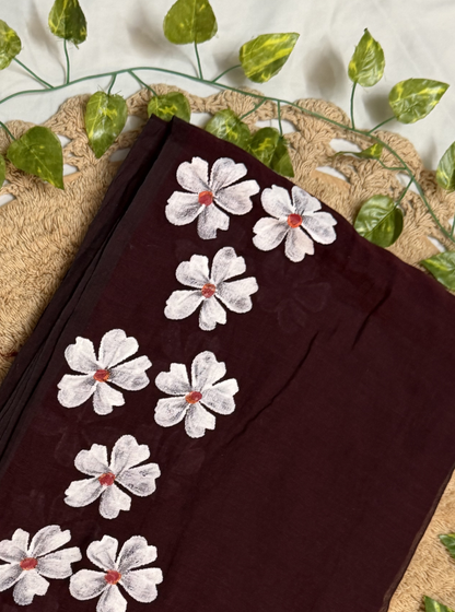 Wine Maroon Mul Cotton Saree with Hand-Painted White Floral Design & Contrast Tassels