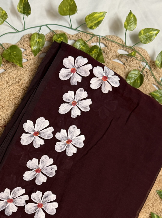 Wine Maroon Mul Cotton Saree with Hand-Painted White Floral Design & Contrast Tassels
