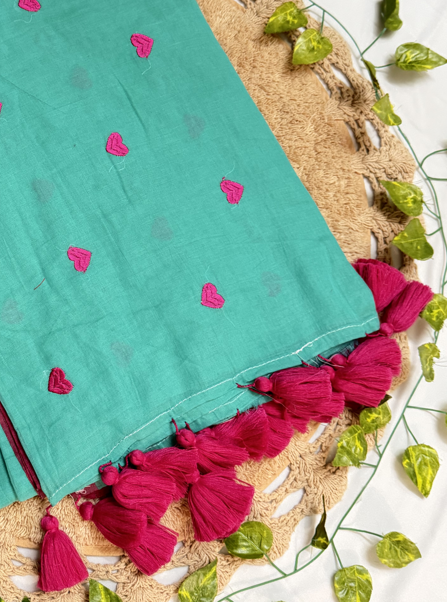 Teal Green Mul Cotton Saree with Pink Heart Motifs & Tassels