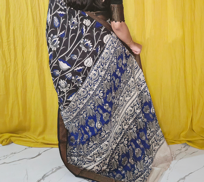 Elegant Black and Blue Kalamkari Mangalagiri Silk Saree with Nizam Border and Hand Block Design