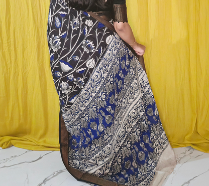 Elegant Black and Blue Kalamkari Mangalagiri Silk Saree with Nizam Border and Hand Block Design