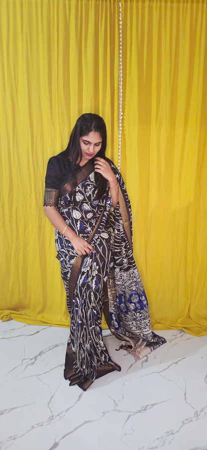 Elegant Black and Blue Kalamkari Mangalagiri Silk Saree with Nizam Border and Hand Block Design