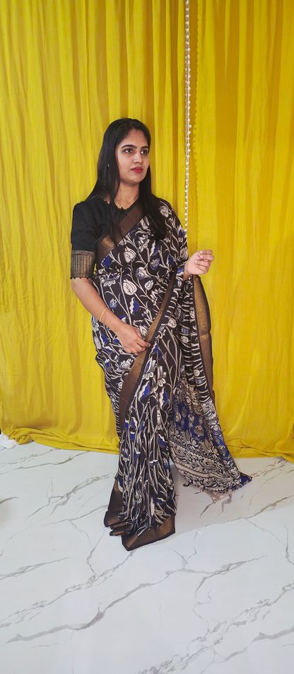 Elegant Black and Blue Kalamkari Mangalagiri Silk Saree with Nizam Border and Hand Block Design