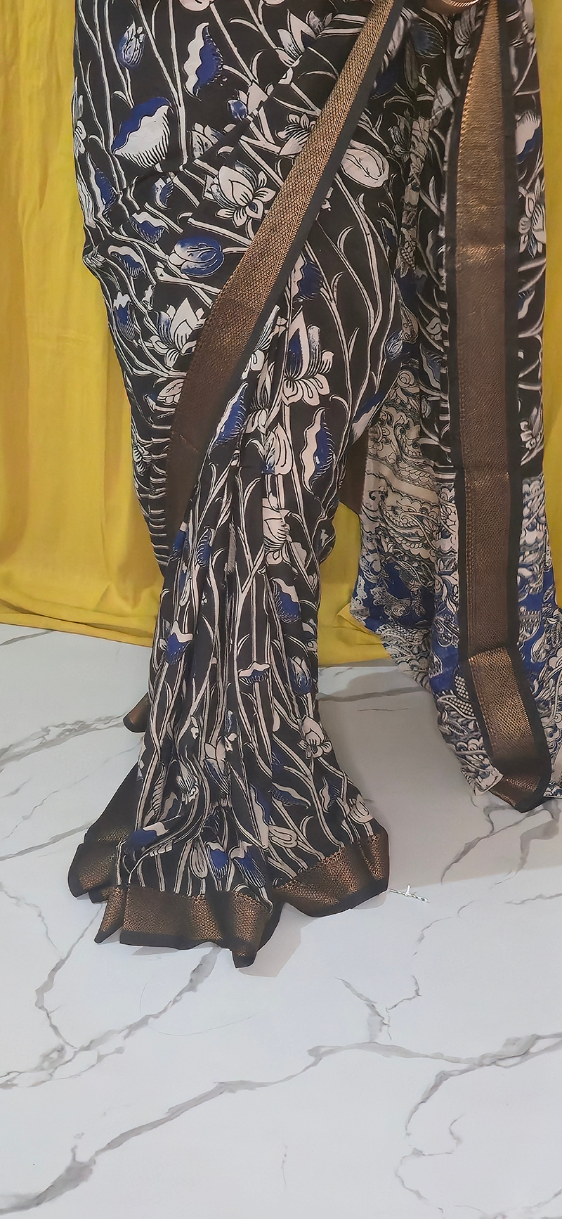Elegant Black and Blue Kalamkari Mangalagiri Silk Saree with Nizam Border and Hand Block Design