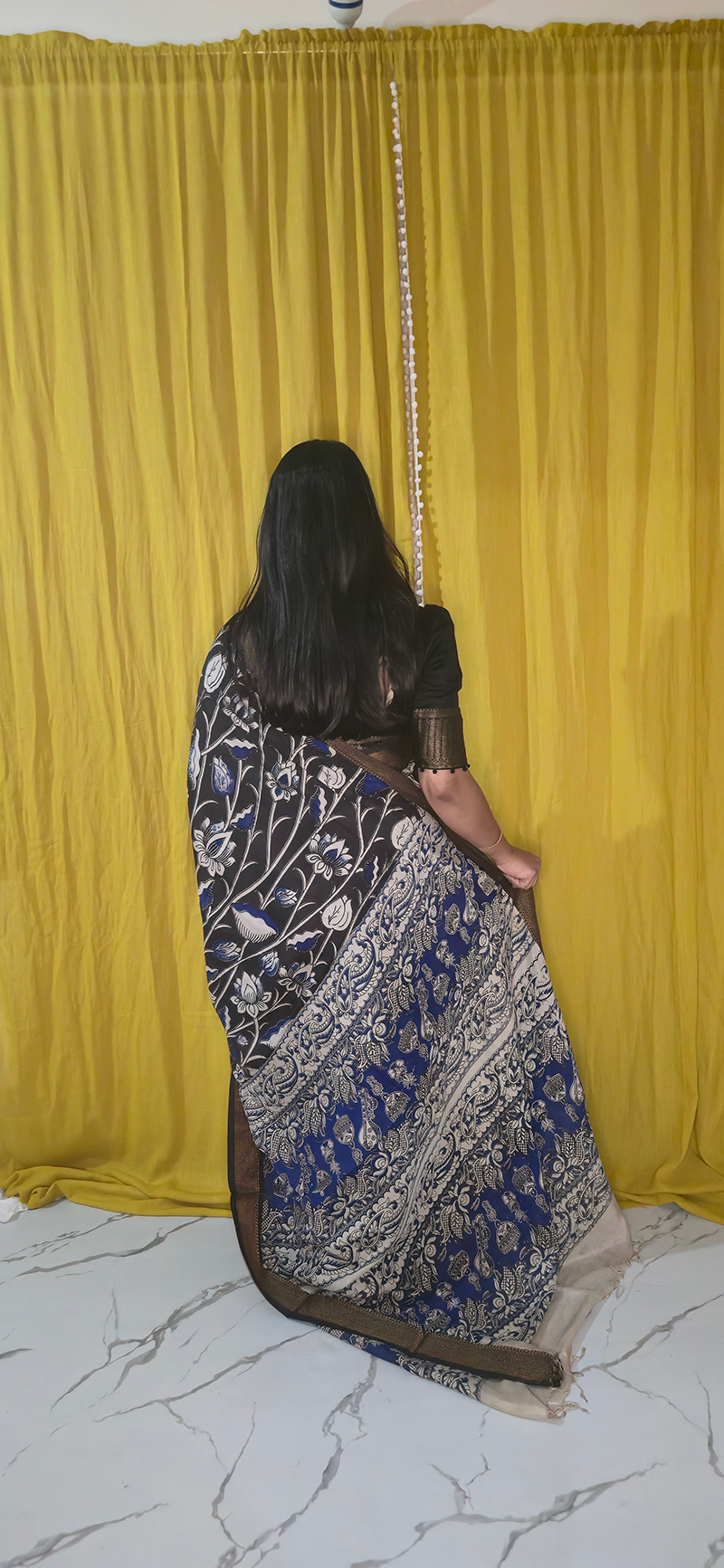 Elegant Black and Blue Kalamkari Mangalagiri Silk Saree with Nizam Border and Hand Block Design