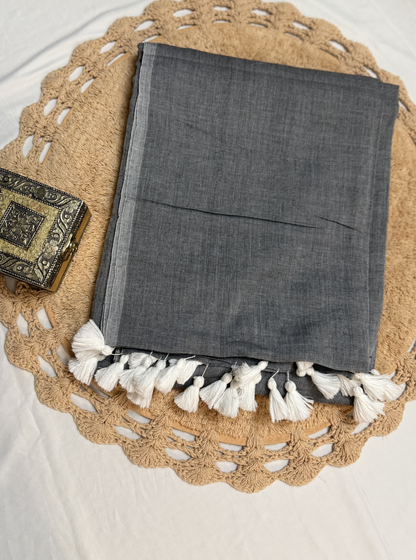Classic Grey Mul Cotton Saree with White Tassel Pallu