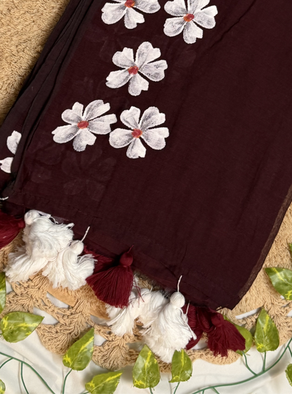 Wine Maroon Mul Cotton Saree with Hand-Painted White Floral Design & Contrast Tassels