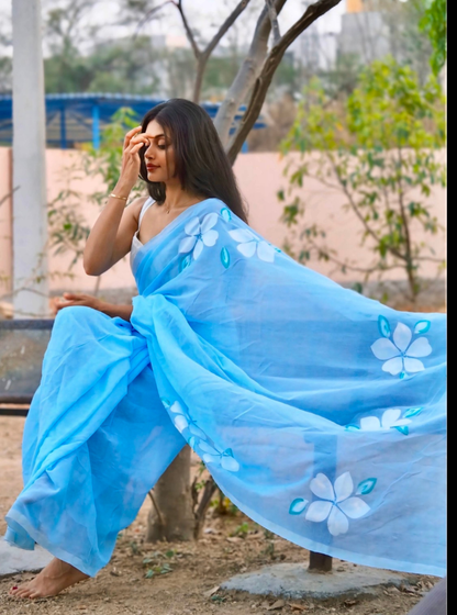 Sky Blue Mul Cotton Saree with Minimal Floral Accents