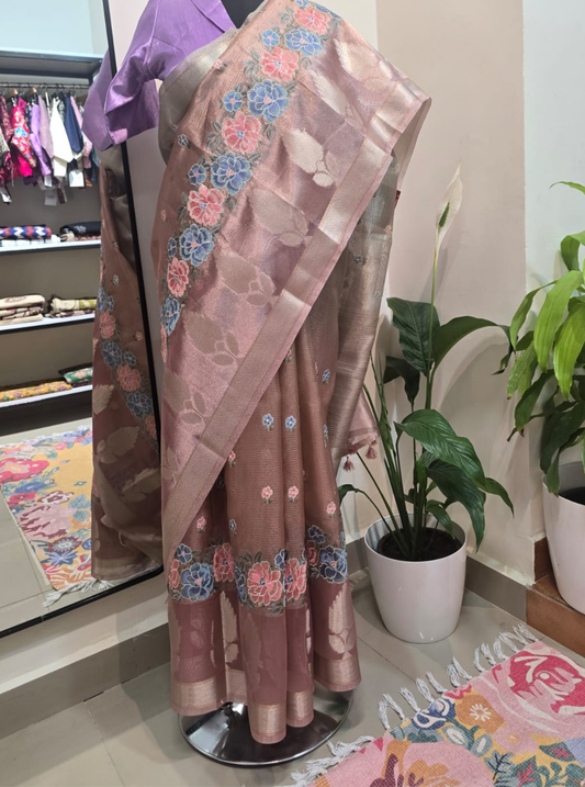Blush Pink Tissue Organza Saree with Floral Embroidery