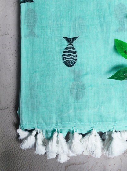 Elegant Aqua Mul Cotton Saree with Fish Motifs & Tassel Pallu