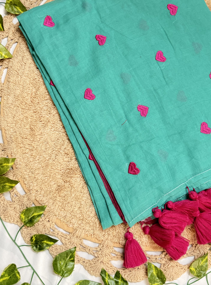 Teal Green Mul Cotton Saree with Pink Heart Motifs & Tassels