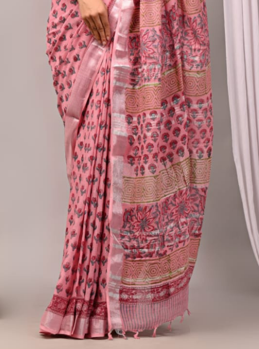Elegant Pink Linen Cotton Saree with Traditional Floral Motifs