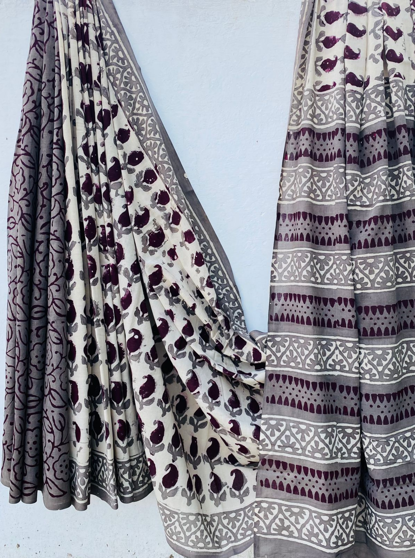 Elegant Grey & Plum Bagru Handblock Printed Cotton Saree