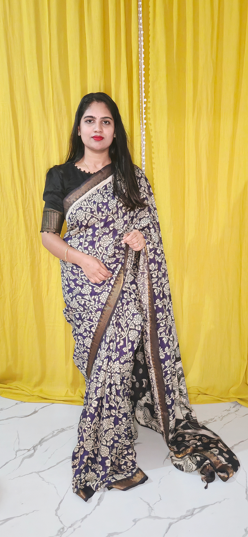Graceful Purple Kalamkari Mangalagiri Silk Saree with Nizam Border and Hand Block Design