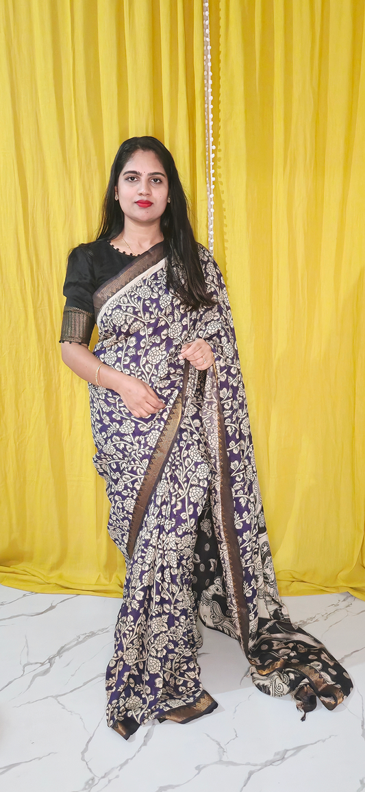Graceful Purple Kalamkari Mangalagiri Silk Saree with Nizam Border and Hand Block Design