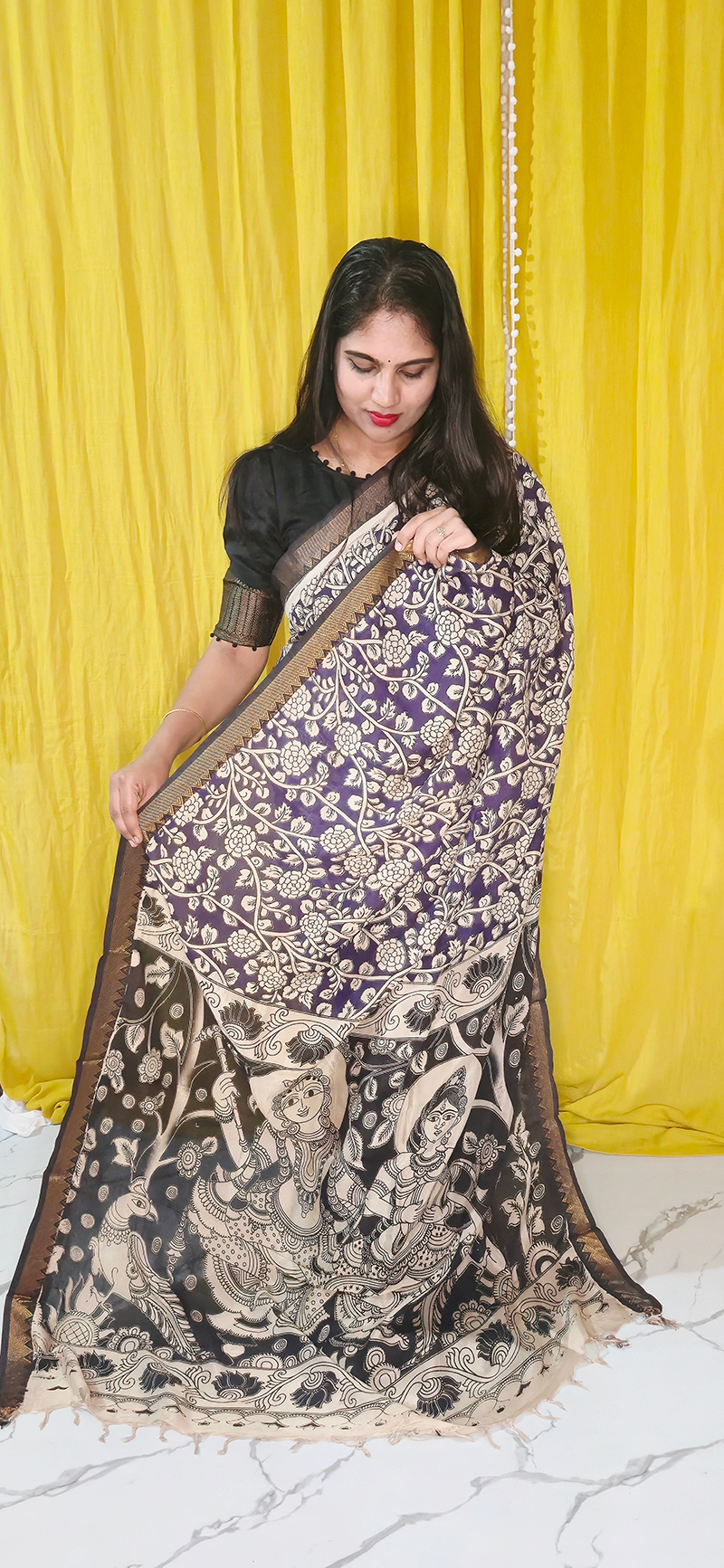 Graceful Purple Kalamkari Mangalagiri Silk Saree with Nizam Border and Hand Block Design