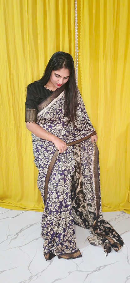 Graceful Purple Kalamkari Mangalagiri Silk Saree with Nizam Border and Hand Block Design