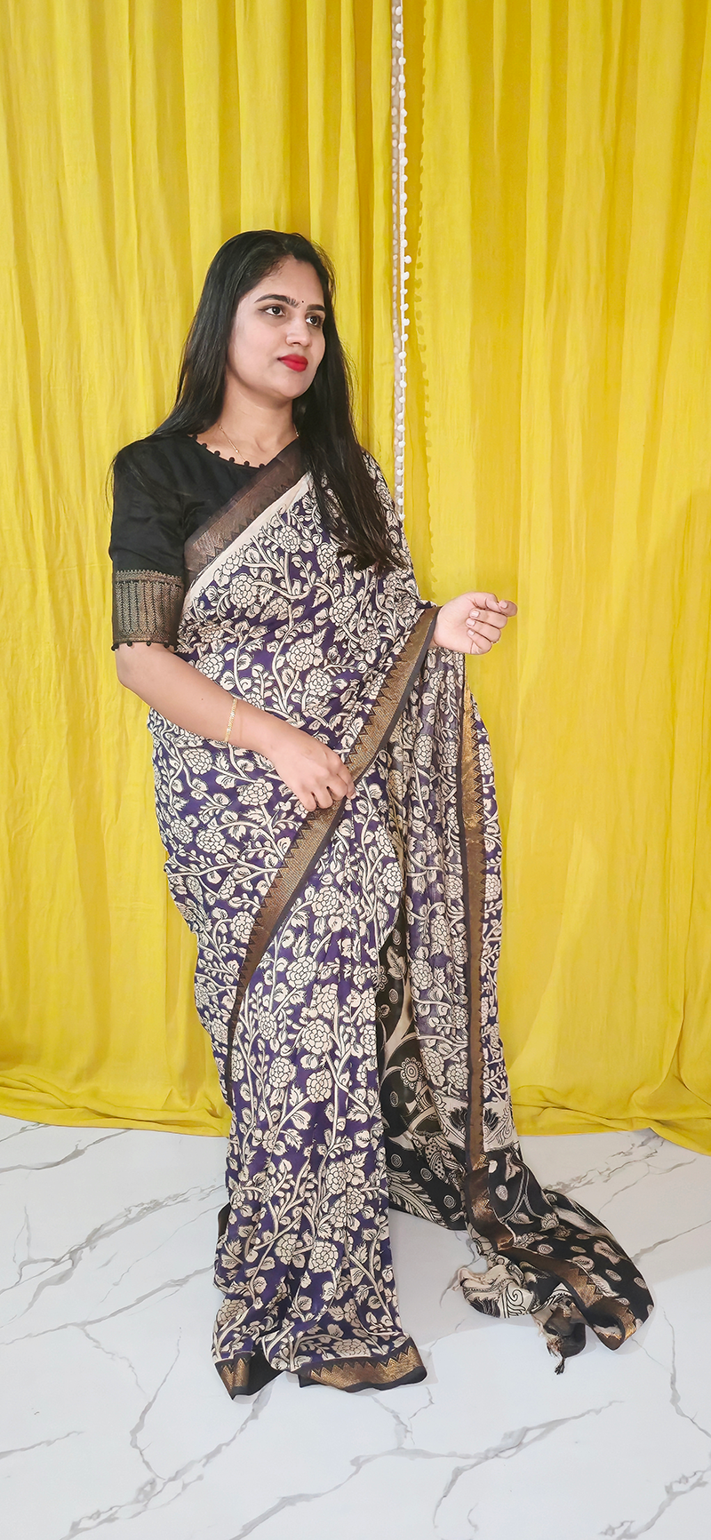 Graceful Purple Kalamkari Mangalagiri Silk Saree with Nizam Border and Hand Block Design