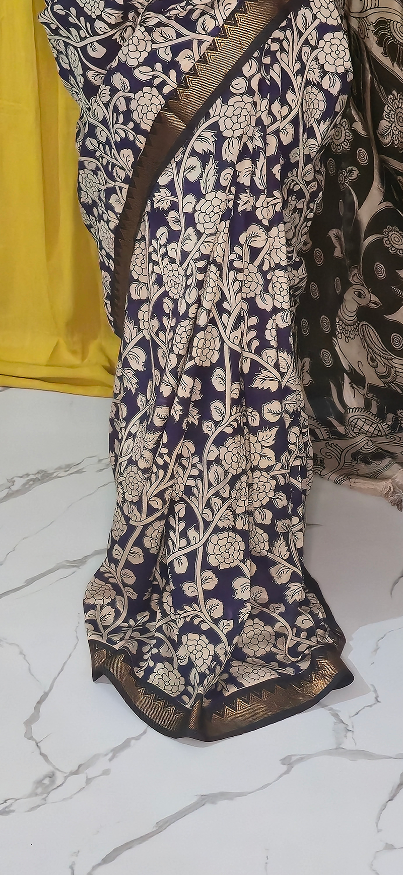 Graceful Purple Kalamkari Mangalagiri Silk Saree with Nizam Border and Hand Block Design