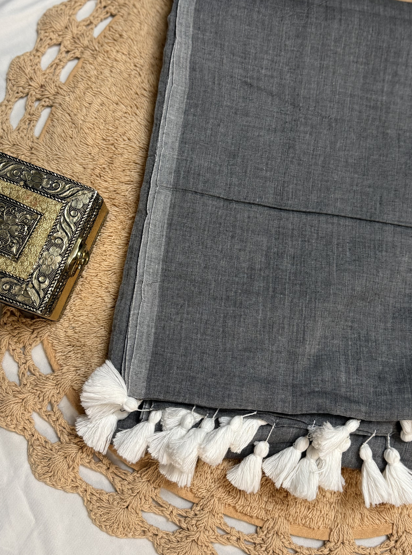 Classic Grey Mul Cotton Saree with White Tassel Pallu