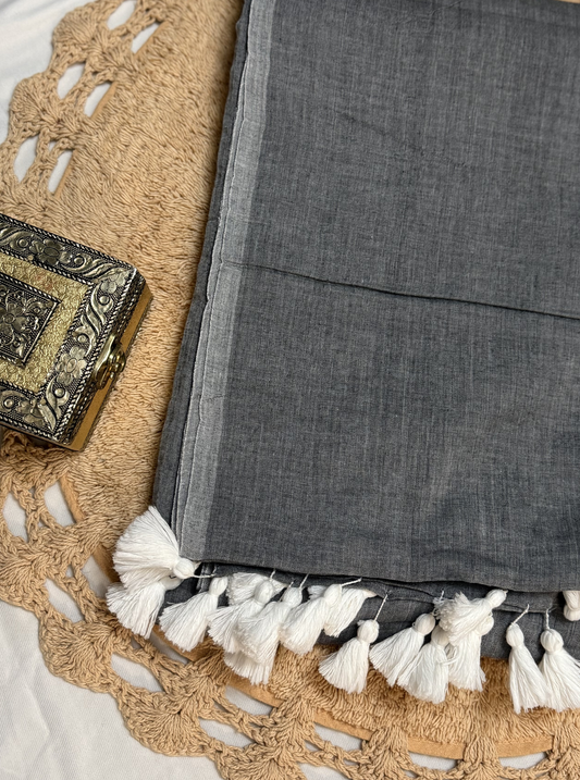 Classic Grey Mul Cotton Saree with White Tassel Pallu