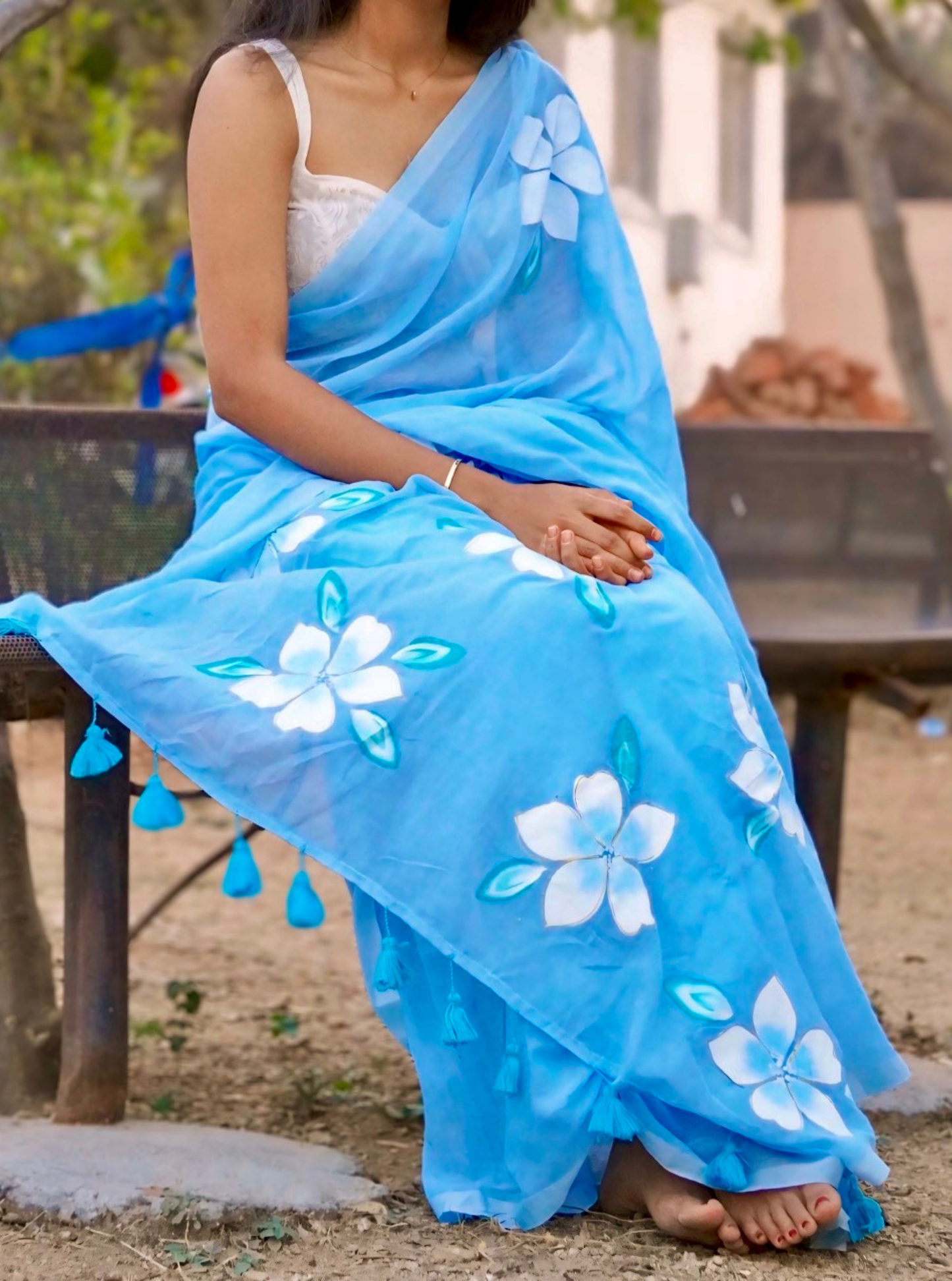 Sky Blue Mul Cotton Saree with Minimal Floral Accents