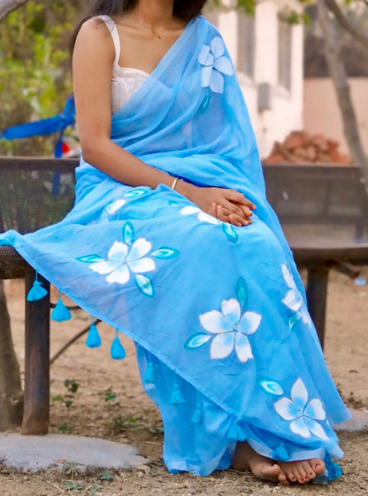 Sky Blue Mul Cotton Saree with Minimal Floral Accents