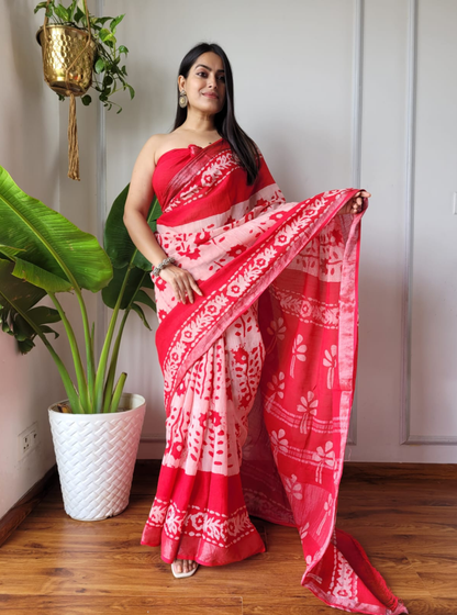 Red & Ivory Cotton Saree with Floral Handblock Print