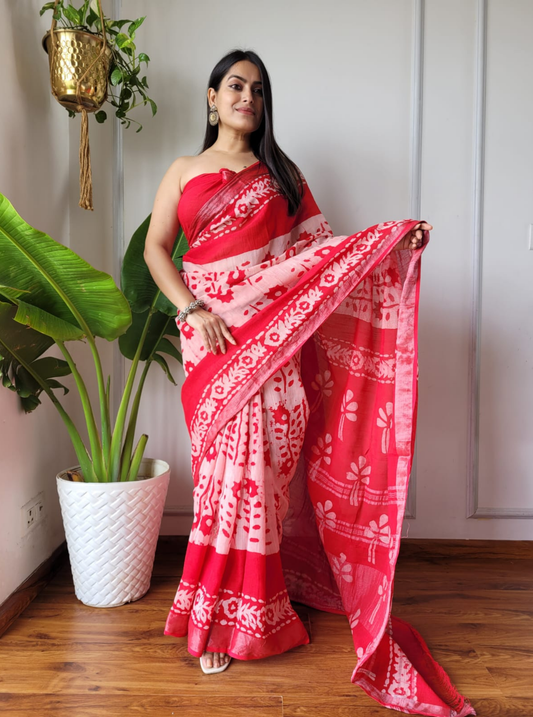 Red & Ivory Cotton Saree with Floral Handblock Print