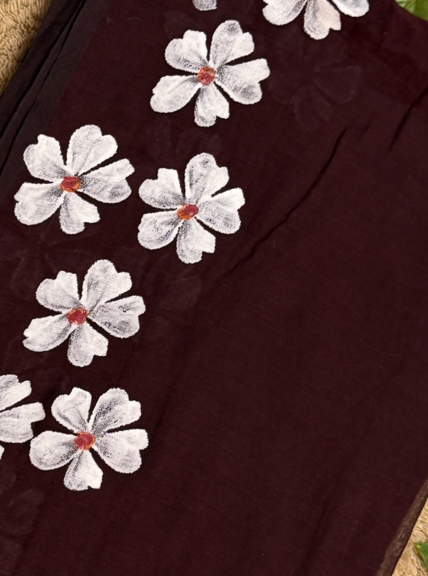 Wine Maroon Mul Cotton Saree with Hand-Painted White Floral Design & Contrast Tassels