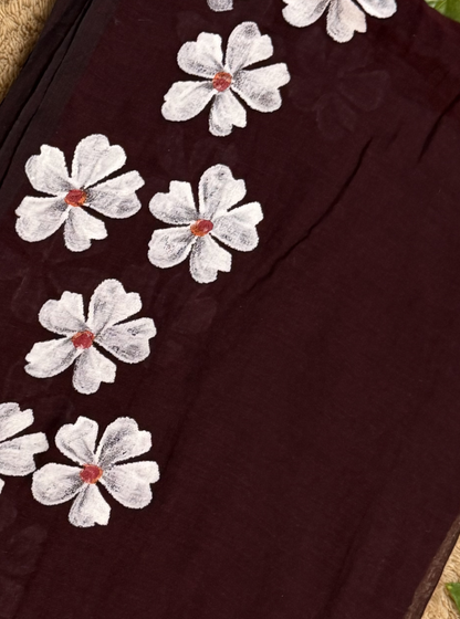 Wine Maroon Mul Cotton Saree with Hand-Painted White Floral Design & Contrast Tassels