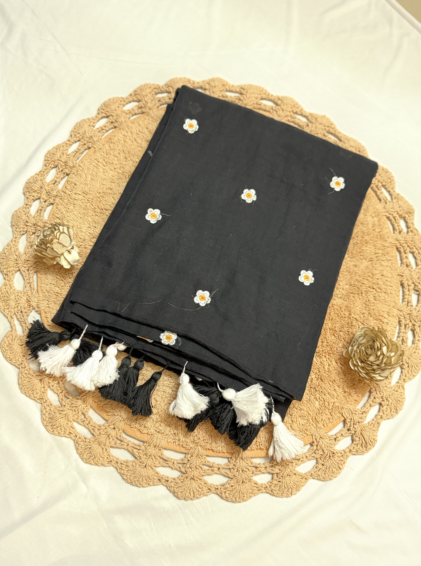 Daisy Charm Black Mul Cotton Saree with Floral Butti & Tassels