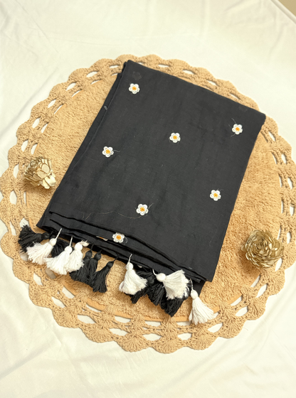 Daisy Charm Black Mul Cotton Saree with Floral Butti & Tassels