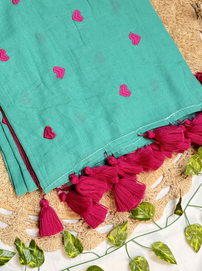 Teal Green Mul Cotton Saree with Pink Heart Motifs & Tassels