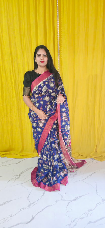 Sophisticated Purple and Red Kalamkari Mangalagiri Silk Saree with Nizam Border and Hand Block Design
