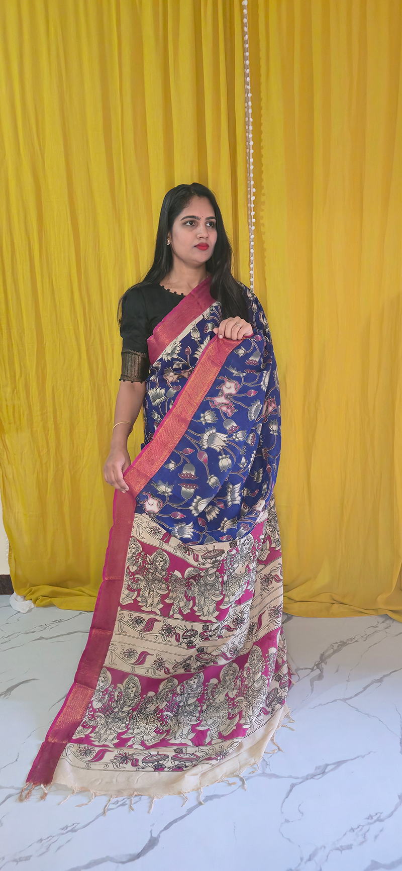 Sophisticated Purple and Red Kalamkari Mangalagiri Silk Saree with Nizam Border and Hand Block Design