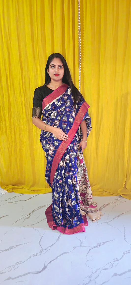 Sophisticated Purple and Red Kalamkari Mangalagiri Silk Saree with Nizam Border and Hand Block Design